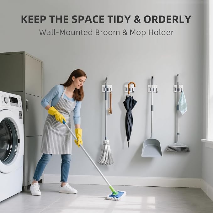 Broom Holder Wall Mount with Screws Broom and Mop Organizer Wall Hanging - Image 3