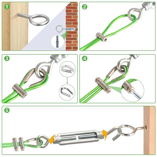 Turnbuckles for Cables Wire, 1/8" X 100Ft Green PVC Coated Wire Rope Kit - Image 5