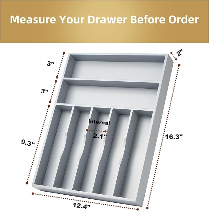 Silverware Organizer 13 Inch Gray Bamboo Kitchen Drawer Organizer 7 Slots - Image 2