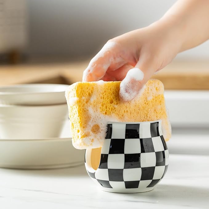 Checkered Sponge Holder for Kitchen Sink, Ceramic Dish Sponge Dish Rack Scrubby - Image 6
