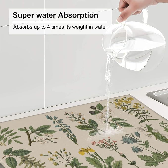 Vintage Color Plants Herbs Floral Microfiber Dish Drying Mat - Image 5