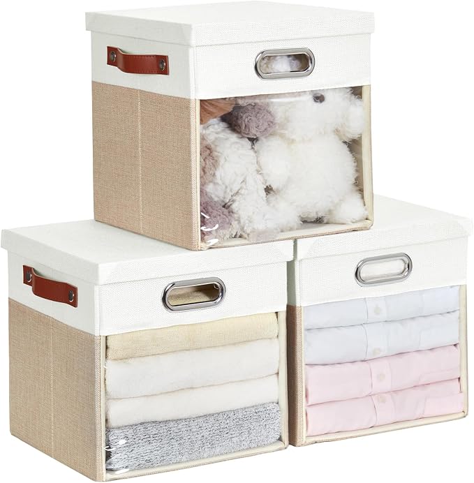 Fabric Storage Cubes with Clear Windows and Lids 11'' Foldable Storage Bins by Roobyl