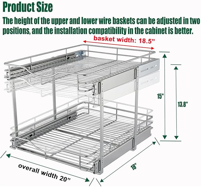 DINDON 2 Tier Pull Out Cabinet Organizer, Double Tier Wire Basket Slide Out - Image 3