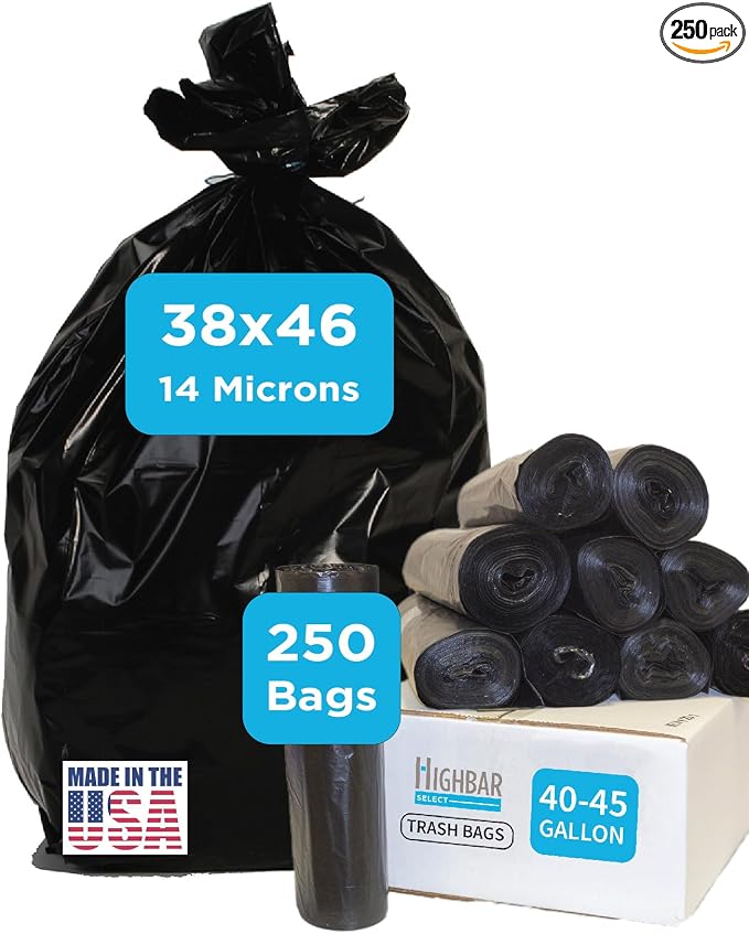 Black Garbage Bags, Made in USA, 40-45 Gallon, Light Duty, High Density by HighBarTrashLiners