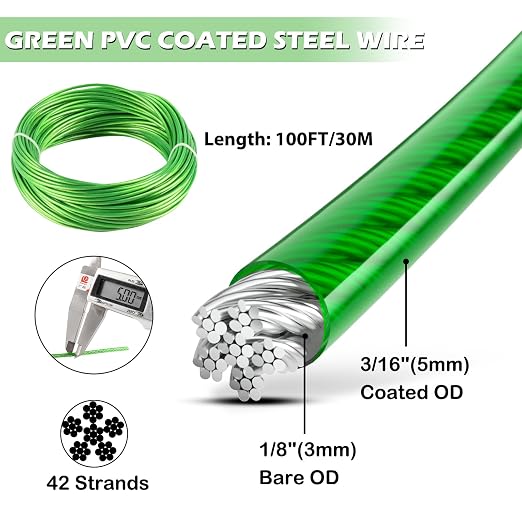 3/16" Wire Rope, 100 Ft PVC Coated Wire Cable Metal Steel Cable Trellis Kit - Image 3