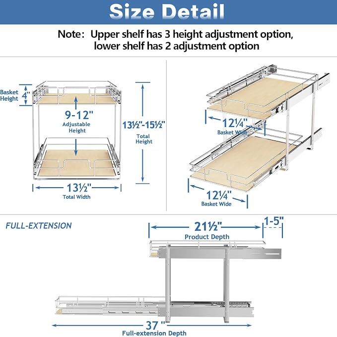 ROOMTEC 2 Tier Individual Pull Out Cabinet Organizer 13½"W x 21½"D, Slide Out - Image 3