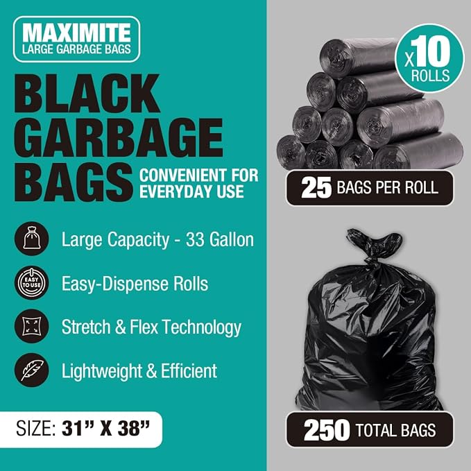 32-33 Gallon Black Trash Bags, Heavy-Duty | 32” x 38” | 250 Count Bulk Pack | - Image 2