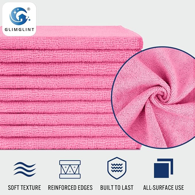 GLIMGLINT Pink Microfiber Cleaning Cloth, 12 Pack Cleaning Towels - Image 3