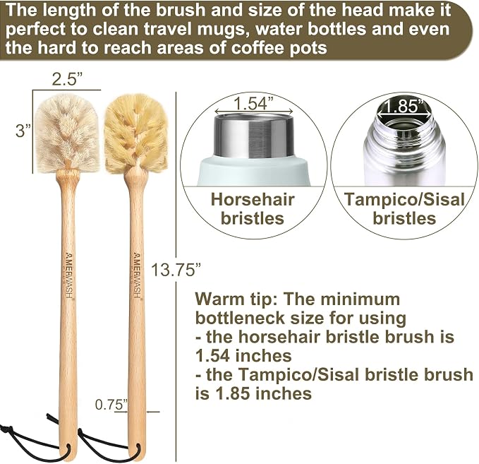 Bottle Brushes with Natural Bristles, 13-3/4 Inch Long Wood Handle Bottle Brush - Image 3