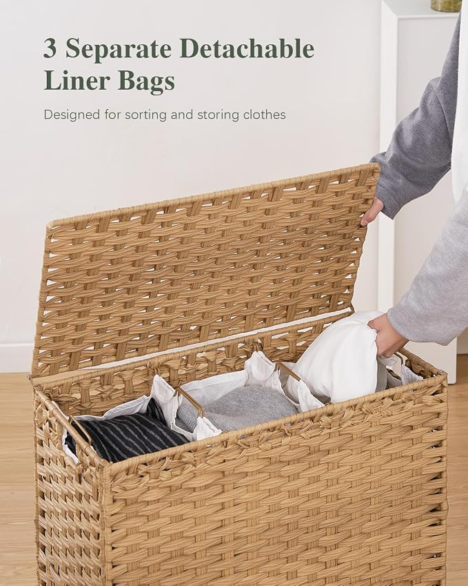 Laundry Hamper with Lid 132 L, Clothes Hamper with Lid, Handwoven Rattan - Image 3