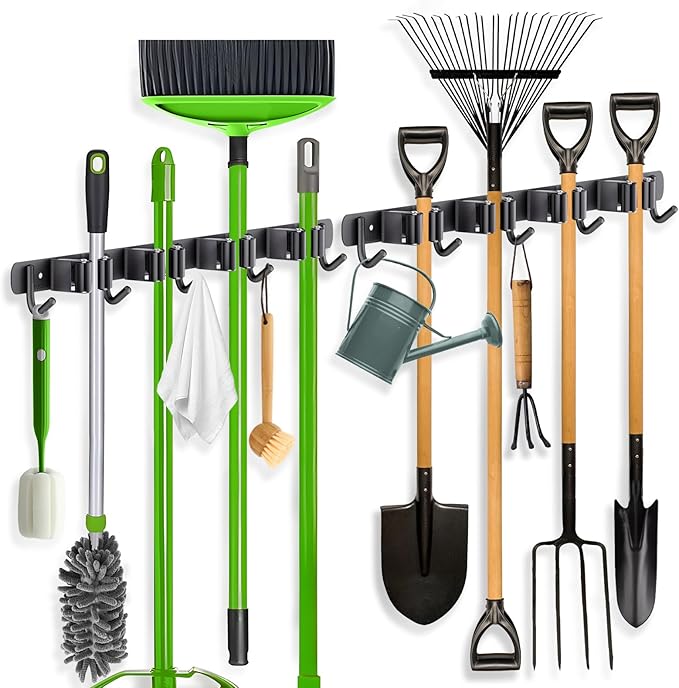 ZONGOOL 2 Pack Broom Holder Wall Mount, 4 Racks and 5 Hooks Mop Hanger Wall by ZONGOOLHouseware