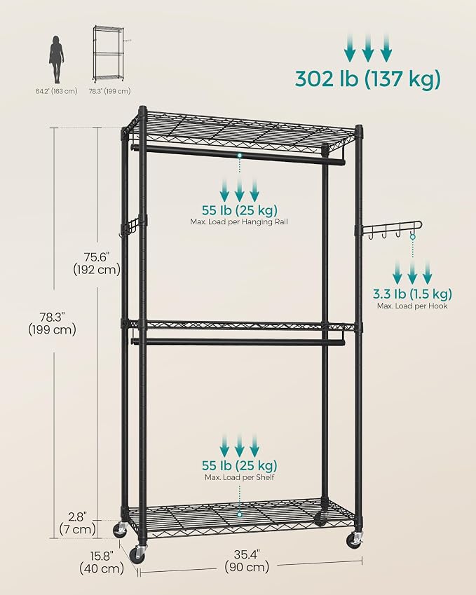 SONGMICS Heavy-Duty Rolling Clothes Rack, Garment Rack, Portable Closet - Image 6