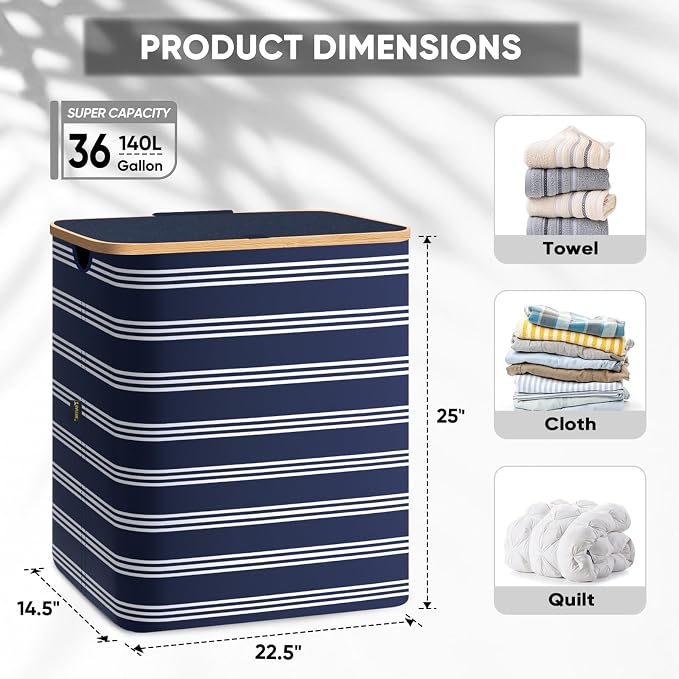 BALEINE Laundry Hamper with Lid, Tall Laundry Baskets with Bamboo Pull Handles - Image 4