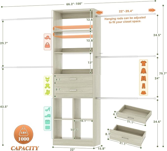 Closet System, 4-8 FT Closet Organizer Tower - Image 3