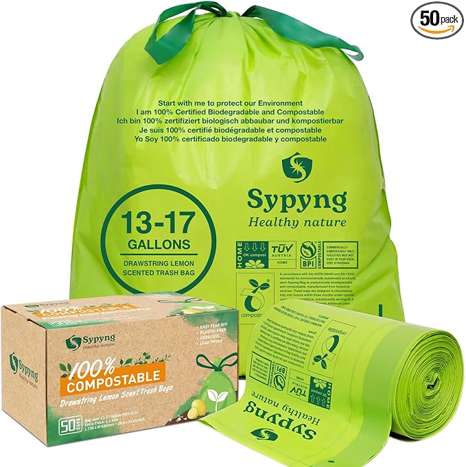 13-17 Gallon Compostable Trash Bags Heavy-Duty & Durable, 1.1 Mil Thick | 100% by Sypyng