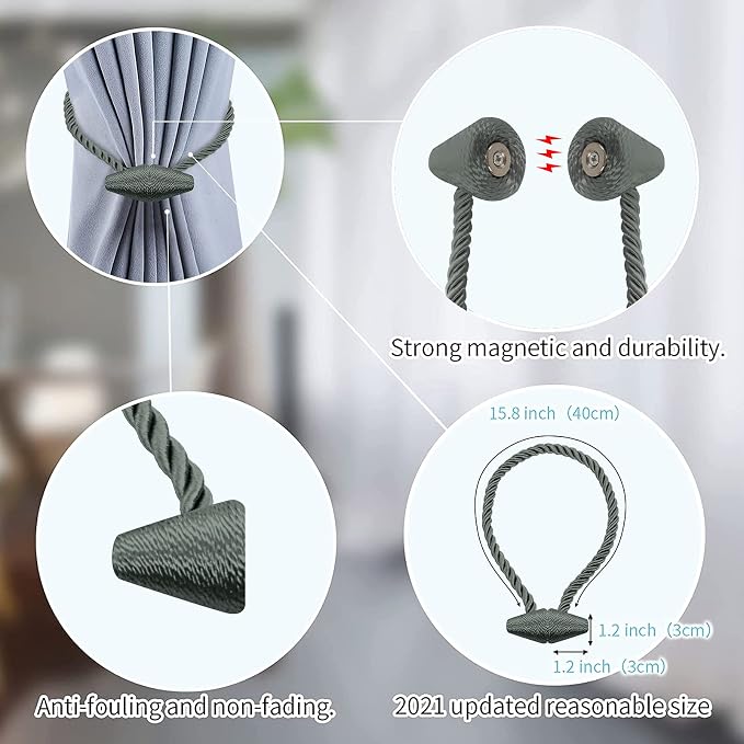 Hion Magnetic Curtain Tiebacks Gray Blue 2pcs, Curtain Tiebacks Buckles - Image 3