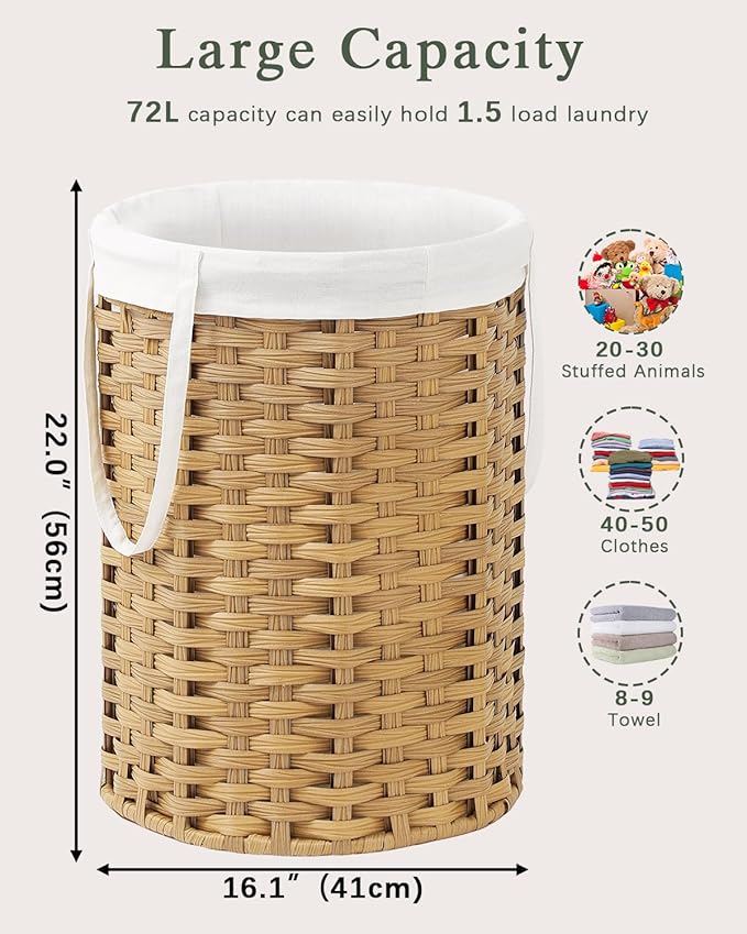 Laundry Hamper Laundry Basket Round 19.0 Gal Handwoven Rattan Hamper, Large - Image 5