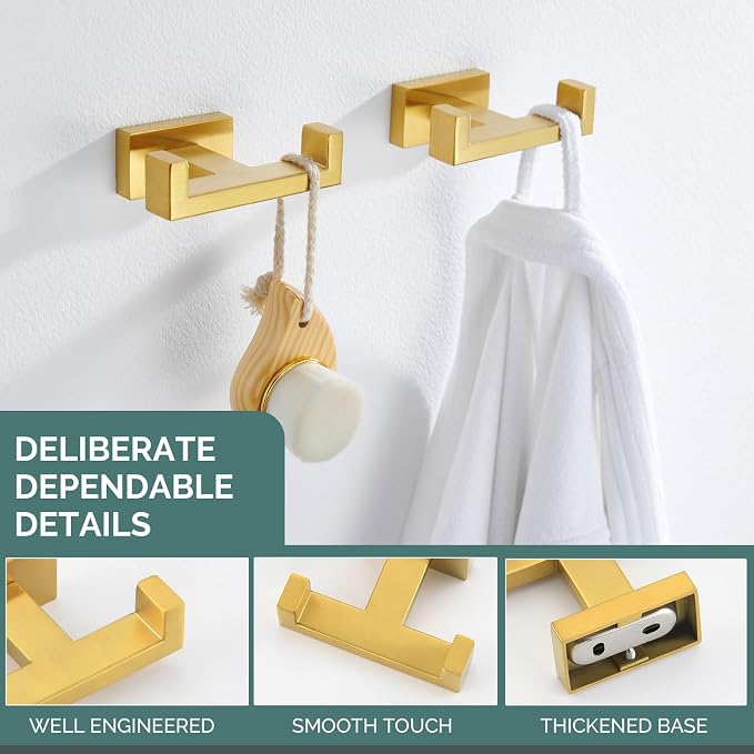 Angle Simple Double Towel Hook Brushed Gold 2 PCS, SUS304 Stainless Steel - Image 7