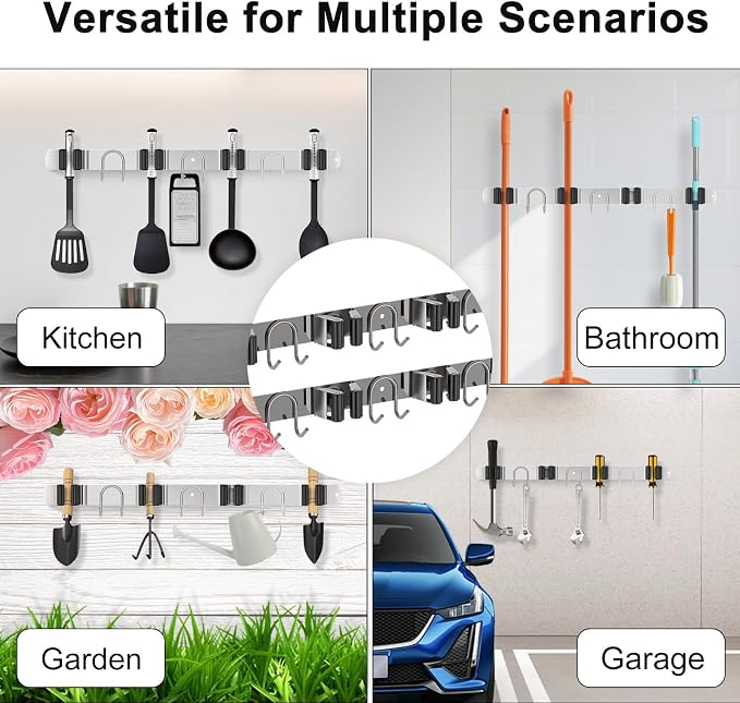 Mop Broom Holder Wall Mount, 2 Packs Silver Stainless Steel Tool Storage - Image 8
