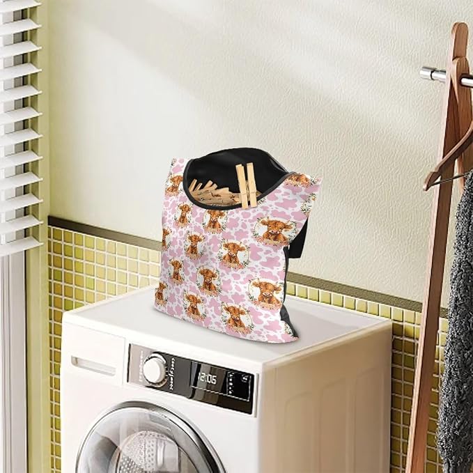 Cattle Clothespin Bags with Hanging Rope Pink Cow Print 14.5 x 12 Inch Summer - Image 3