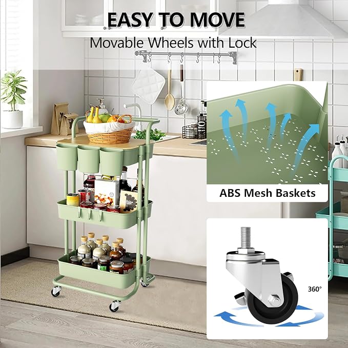 3 Tier Rolling Cart with Metal Handle, Table Top, Hanging Cups, Plastic Storage - Image 3