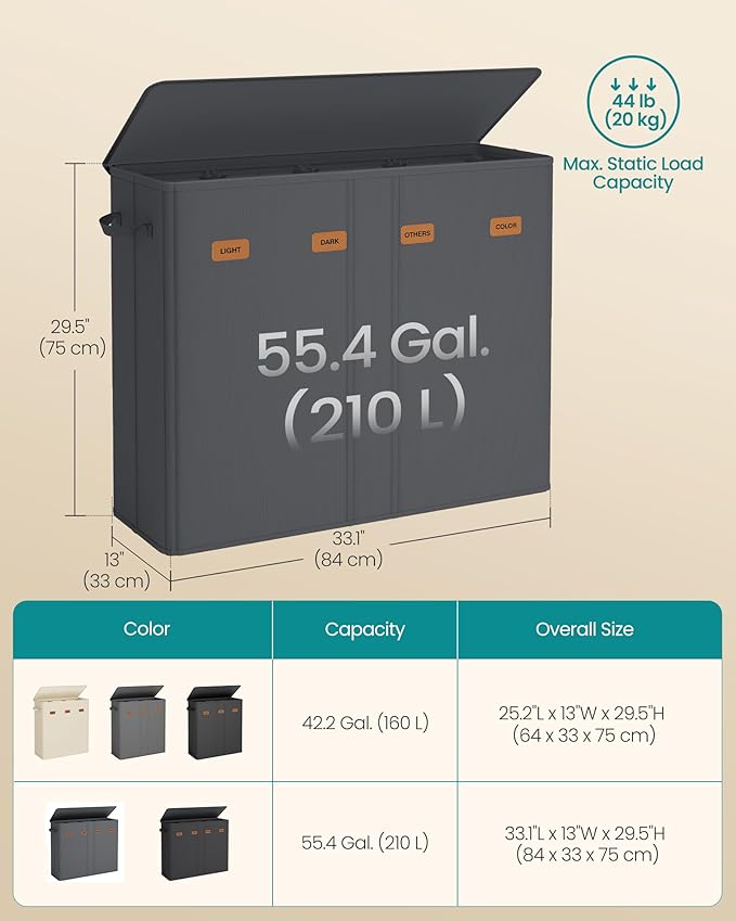 SONGMICS 55.4 Gallon Laundry Hamper, 4-Compartment Laundry Basket Sorter - Image 6