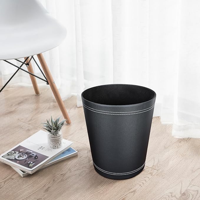 KINGFOM 3 Pack PU Leather Small Office Trash Can Wastebasket, Round Garbage - Image 3