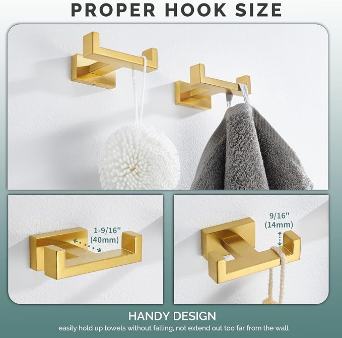 Angle Simple Double Towel Hook Brushed Gold 2 PCS, SUS304 Stainless Steel - Image 4
