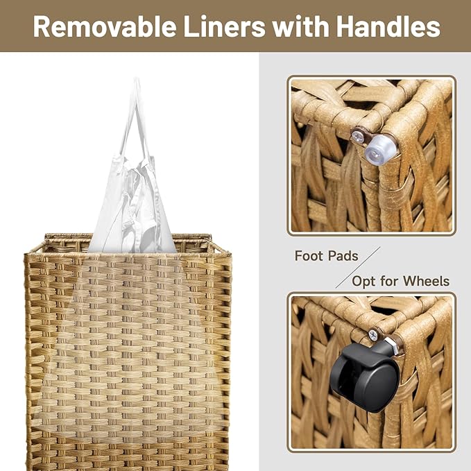 70L Slim Laundry Hamper with Lid & Wheels, Rolling Laundry Basket with 2 - Image 6
