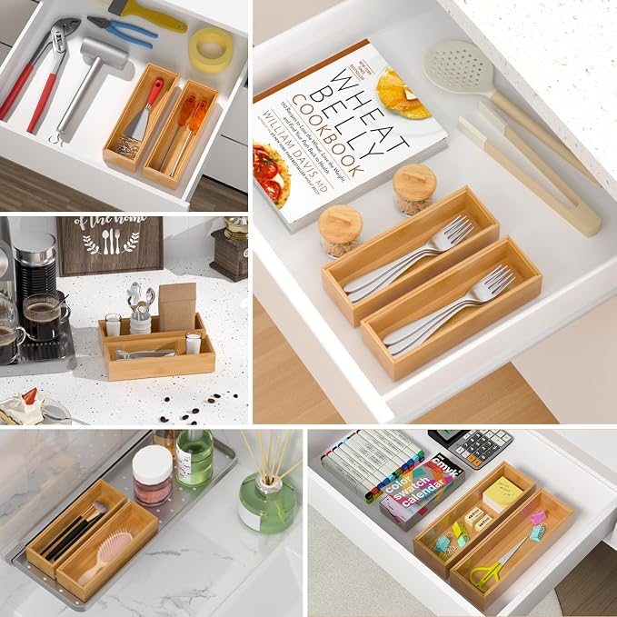 Silverware Tray for Drawer, Stackable Kitchen Bamboo Drawer Organizer 9" x 3" x - Image 6