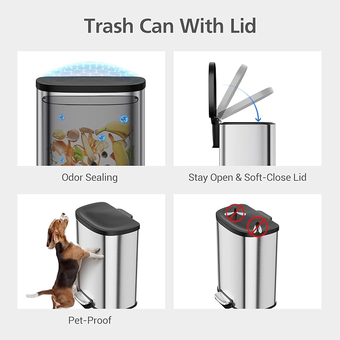 13.2 Gal/50L D-Shape Trash Can, Step-On Stainless Steel Garbage Can, Soft-Close - Image 7