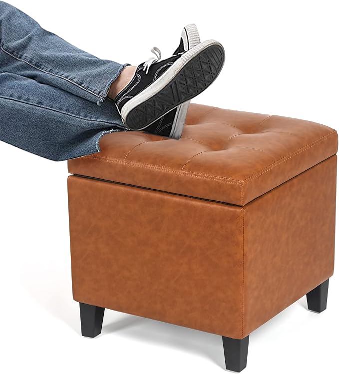 Adeco 17.7" Leather Cube Storage Orange Ottomans - Image 4