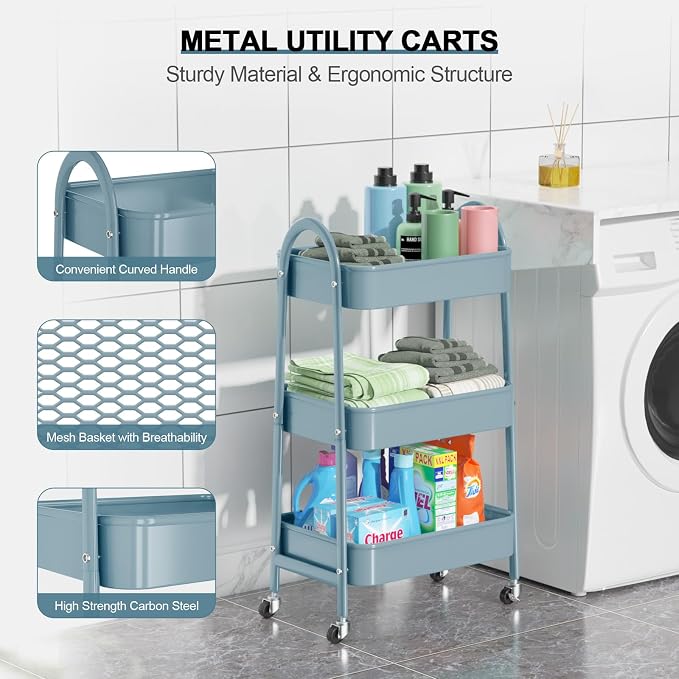 3 Tier Utility Rolling Cart, EAGMAK Metal Storage Cart - Image 2