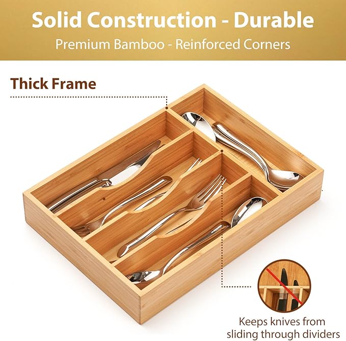 Umilife Bamboo Kitchen Drawer Organizer, 11 Inch Silverware Utensils Tray Holder - Image 3