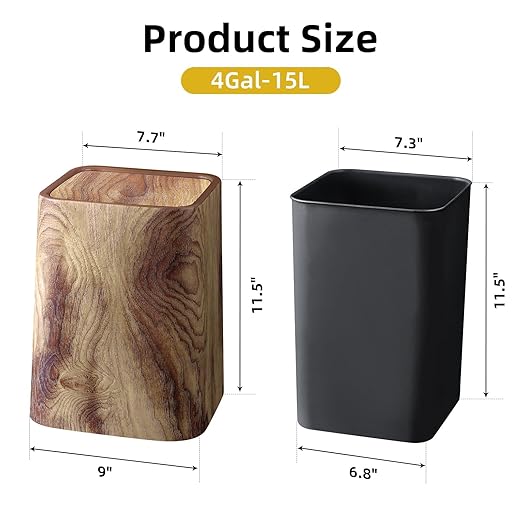 Wood Grain Plastic Trash Can Swing Top Lid, 4Gal/15L Farmhouse Wastebasket Bin - Image 5