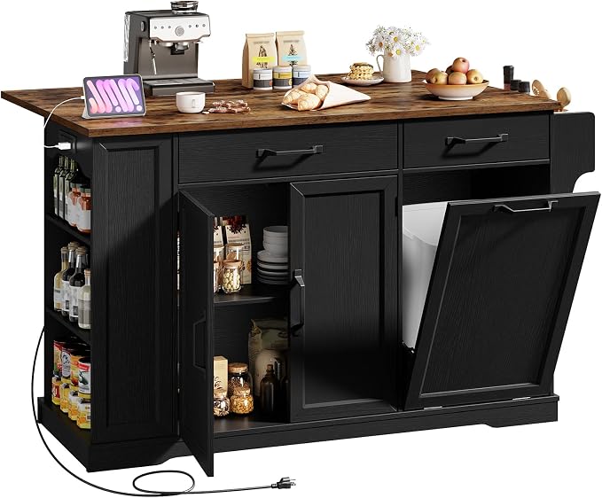 Kitchen Island with Power Outlet & Drop Leaf, Rolling Storage Cart with Trash - Image 8