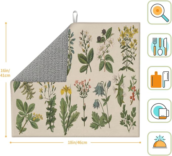Vintage Color Plants Herbs Floral Microfiber Dish Drying Mat - Image 3