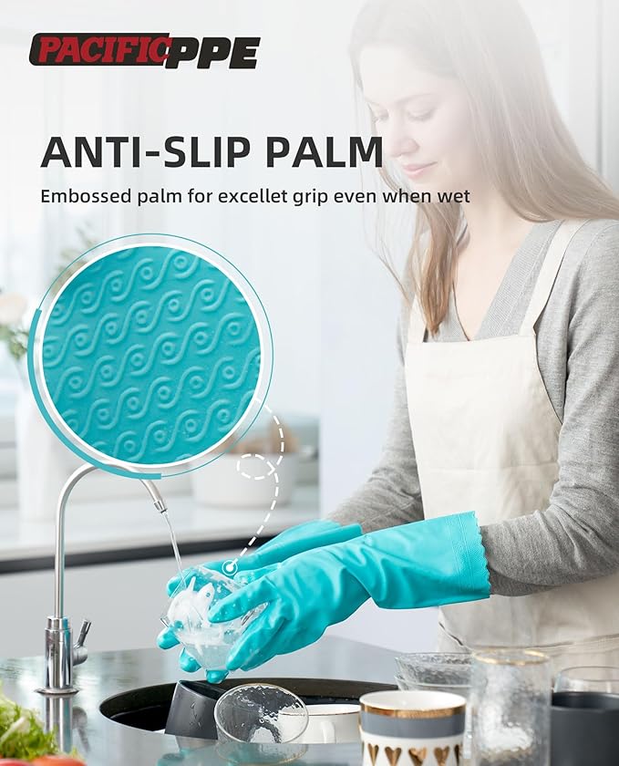 PACIFIC PPE 4 Pairs Reusable Dishwashing Cleaning Gloves, Cotton Liner - Image 3