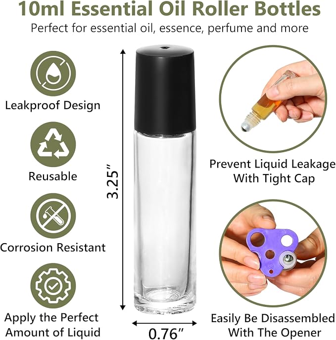KEYWING 54 Pack Clear Essential Oil Roller Bottles – 10ml Glass Roll-On Bottles - Image 3