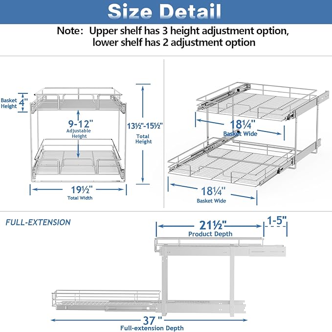 LOVMOR 2 Tier Individual Pull Out Cabinet Organizer 19½" W x 21½" D, Slide Out - Image 3