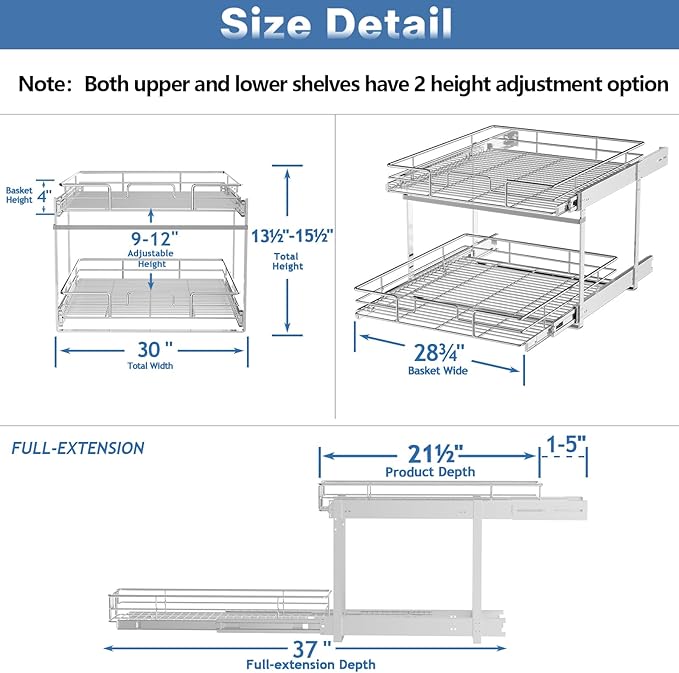 2 Tier Individual Pull Out Cabinet Organizer 30" W x 21½" D, Heavy Duty Cabinet - Image 3