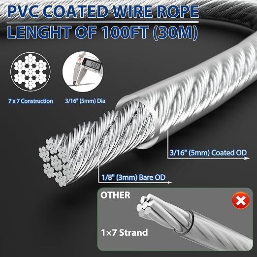 3/16" Wire Rope Kit, 100Ft PVC Coated Steel Cable Guide Wire Tensioner Strainer - Image 2