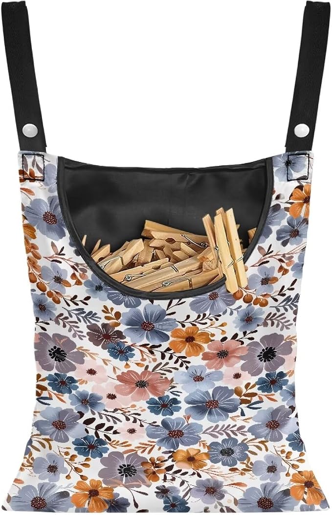 Blue Flowers Clothespin Organizer Bag Hanging Laundry Bag Portable Clothespin by CREAMIC