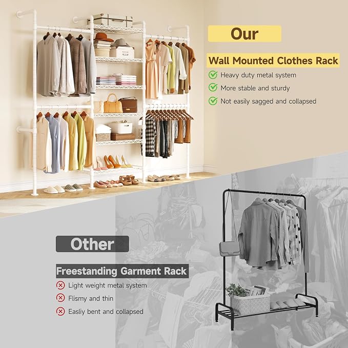 ONBRILL H3 Wall Mounted Closet System, Expandable Industrial Pipe Clothes Rack - Image 4