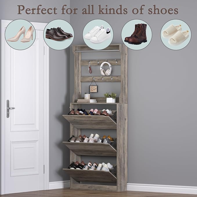 Shoe Cabinet with 3 Flip Drawers & Coat Rack, Narrow Hidden Shoe Storage Cabinet - Image 4