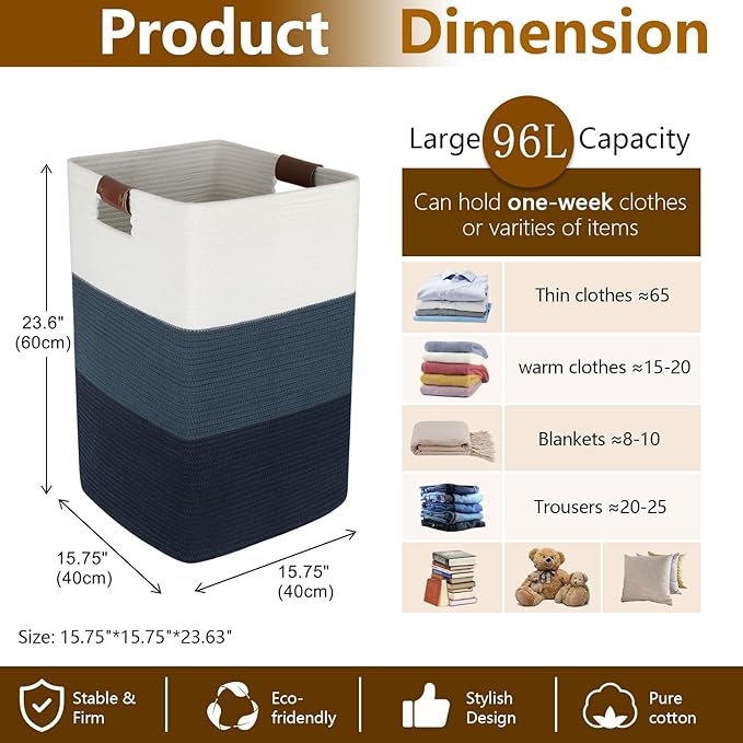 Laundry Hamper 96L Extra Large Laundry Basket, Woven Blanket Basket, Cotton - Image 4