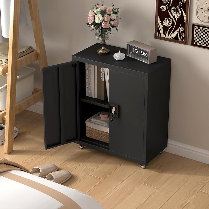 Metal Cabinet with Wheels, Steel Cabine with Locking Doors, Small Cabinet with - Image 2