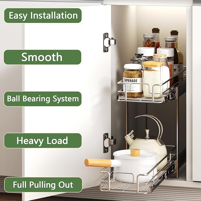 2 Tier Individual Pull Out Cabinet Organizer 5½" W x 21½" D, Heavy Duty Cabinet - Image 2