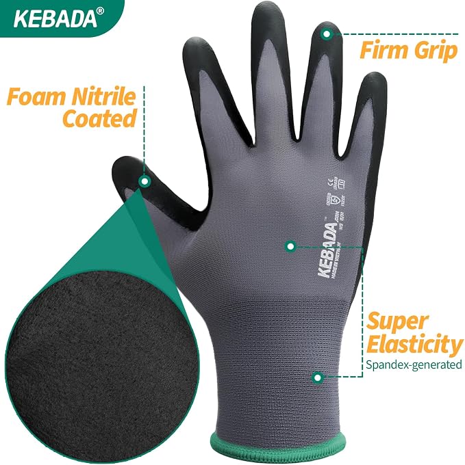 Kebada Work Gloves for Men and Women, Foam Nitrile Coated Safety Gloves - Image 7