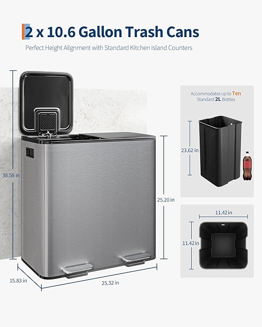 GarveeHome 2 x 10.6 gal Stainless Steel Double Trash Can - Image 6